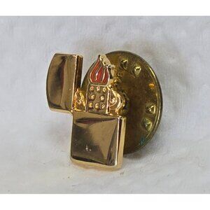Vintage Zippo Lighter Lapel Pin Tie Tack Gold Enamel Flame Signed USA